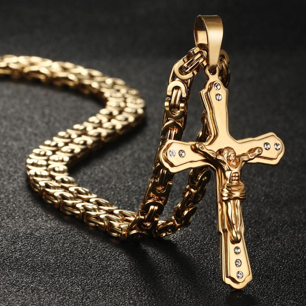 Male Crucifix Jesus Christ Holy Cross Pendant Necklace Stainless Steel Crystal Christian Byzantine Chain Necklaces Jewelry Gift