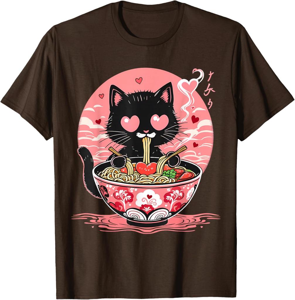 Kawaii Black Cat Eating Ramen Anime Japanese Aesthetic Graphic Tee Men Women Daily Perfect for Foodies Cat Moms