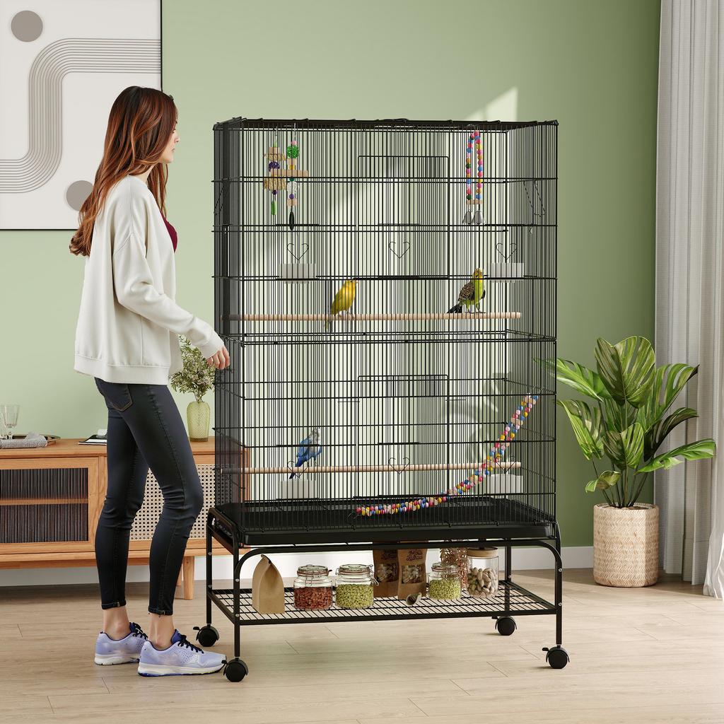 Bird Cage with Wheels, Feeders, Perches, Removable Tray and Lower Shelf 97x58x160 cm Black