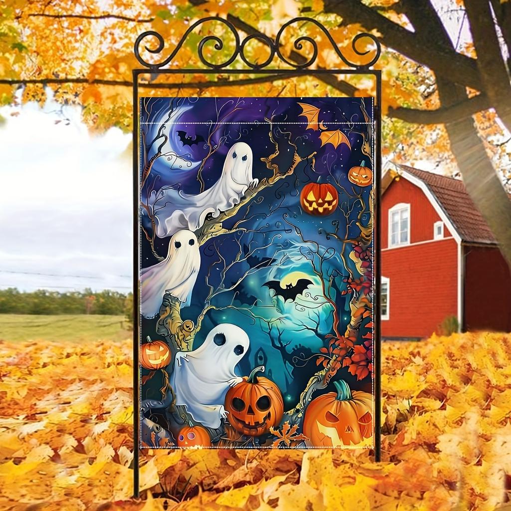1pc Halloween Garden Flag - Double-Sided Polyester Welcome Flag with Fun Ghosts, Terrifying Bats & Pumpkins, No Electricity Needed for Farmhouse & Hom