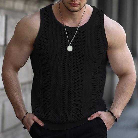 O-Neck Sleeveless Men Vest Solid Color Ribbed Trim Thin Summer Casual Hollow Out Loose Knitting Vest Sportwear
