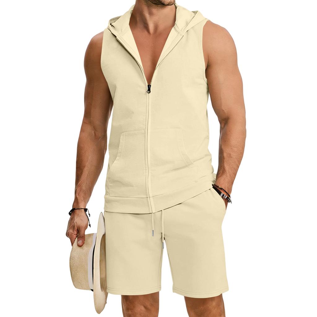 Men's Sleeveless Zip Up Vest and Shorts Set for Training Running and Casual Wear