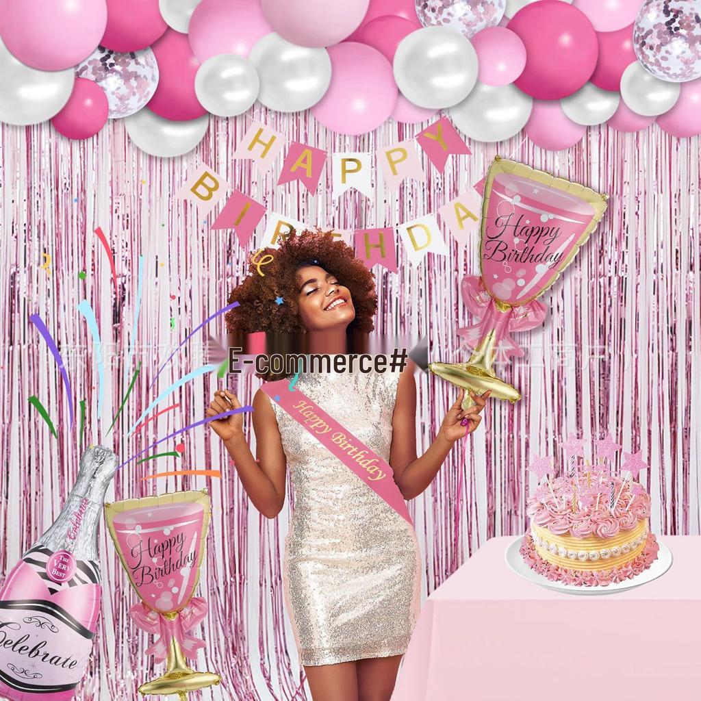 Pink Heart Love Birthday Party Balloon Set with Tinsel Decorations