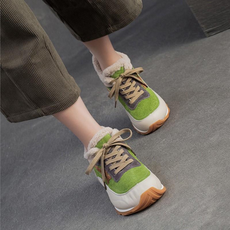 Johnature Warm Plush Cotton Shoes Versatile Lightweight Round Toe Lace-up Casual Women's Shoes