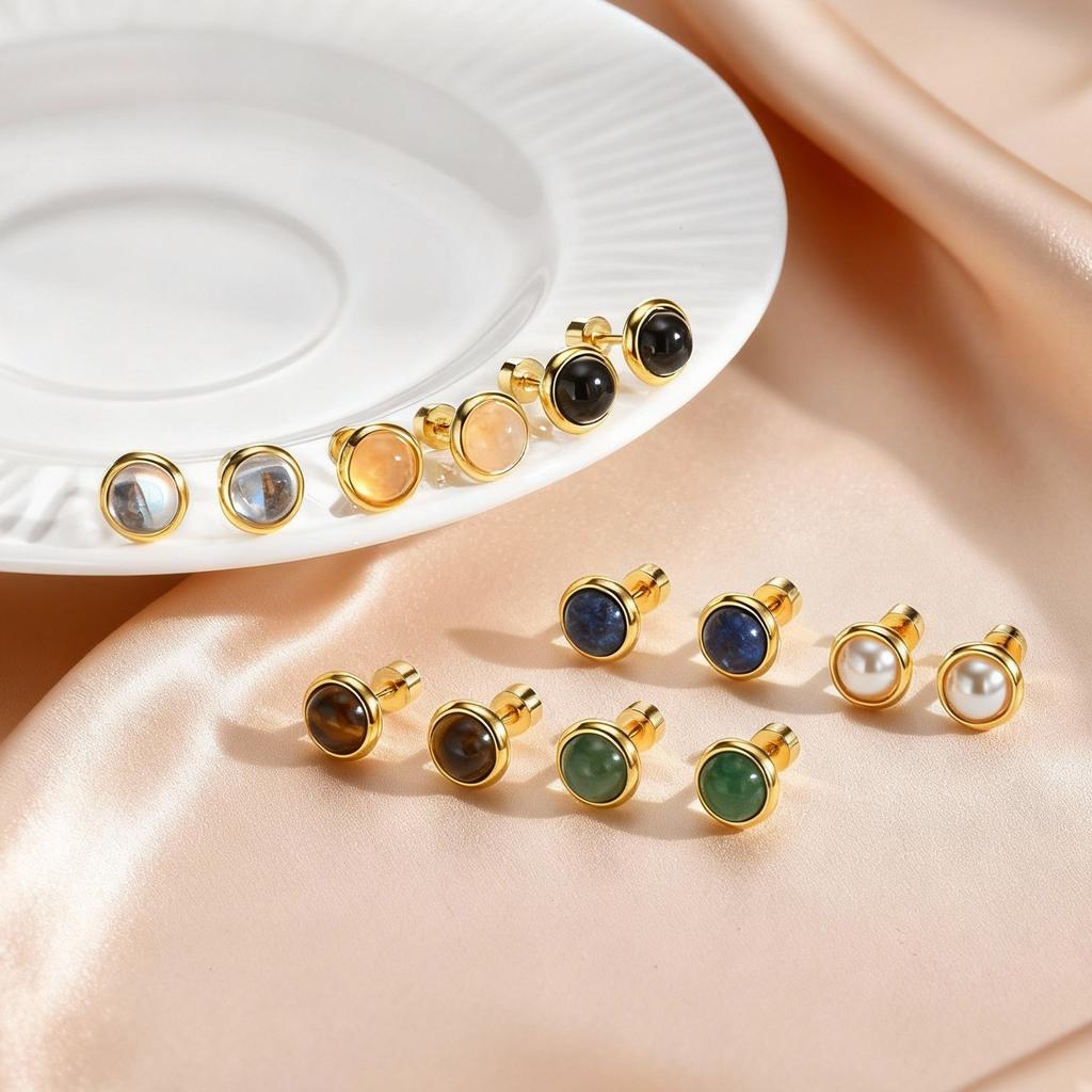 Trendy Natural Stone Earrings For Women, Stainless Steel Small Round Stud Earrings, Geometric Wedding Daily Jewelry Gifts