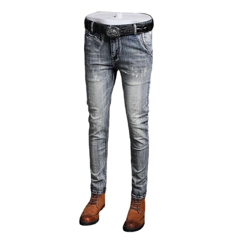 High End European And American New Denim Jeans With Men'S Small Feet, Personalized Trend, Washed Retro, And Worn Denim Jeans