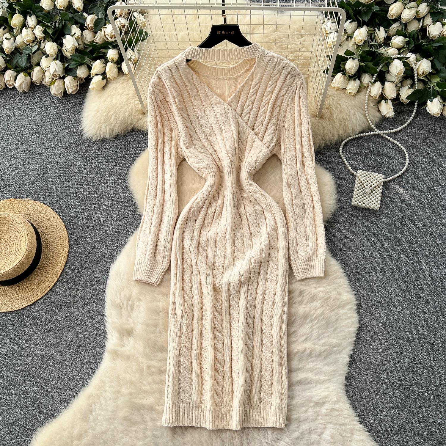 

Осень Зима Женский Повседневный Свитер Крупной Вязки с Перекрутом, Короткий Пуловер, Платья-футляры с Длинным Рукавом One Size абрикосовый