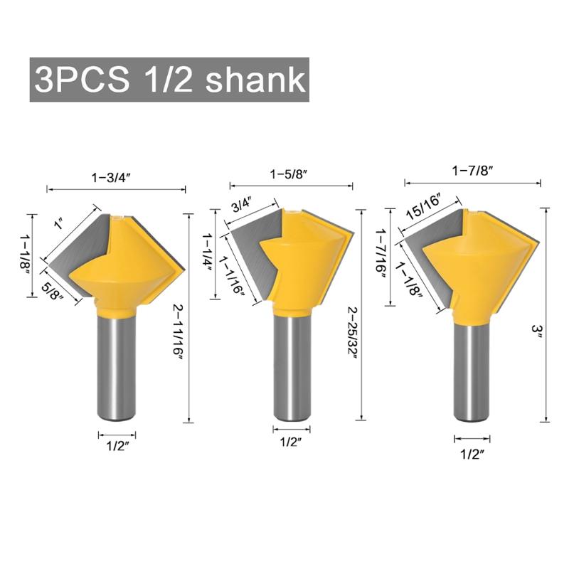Router Bit 1/2" Shank Bird's Mouth Glue Joint Woodworking Accessories Milling Cutter 3x/set 6/ 8/12 Sided for Columns