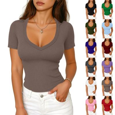 Womens Spring Tops Short Sleeve V Neck Ribbed Knit Summer Shirts for Women Casual Slim Fit Womens Summer T Shirts Dressy Tops for Women