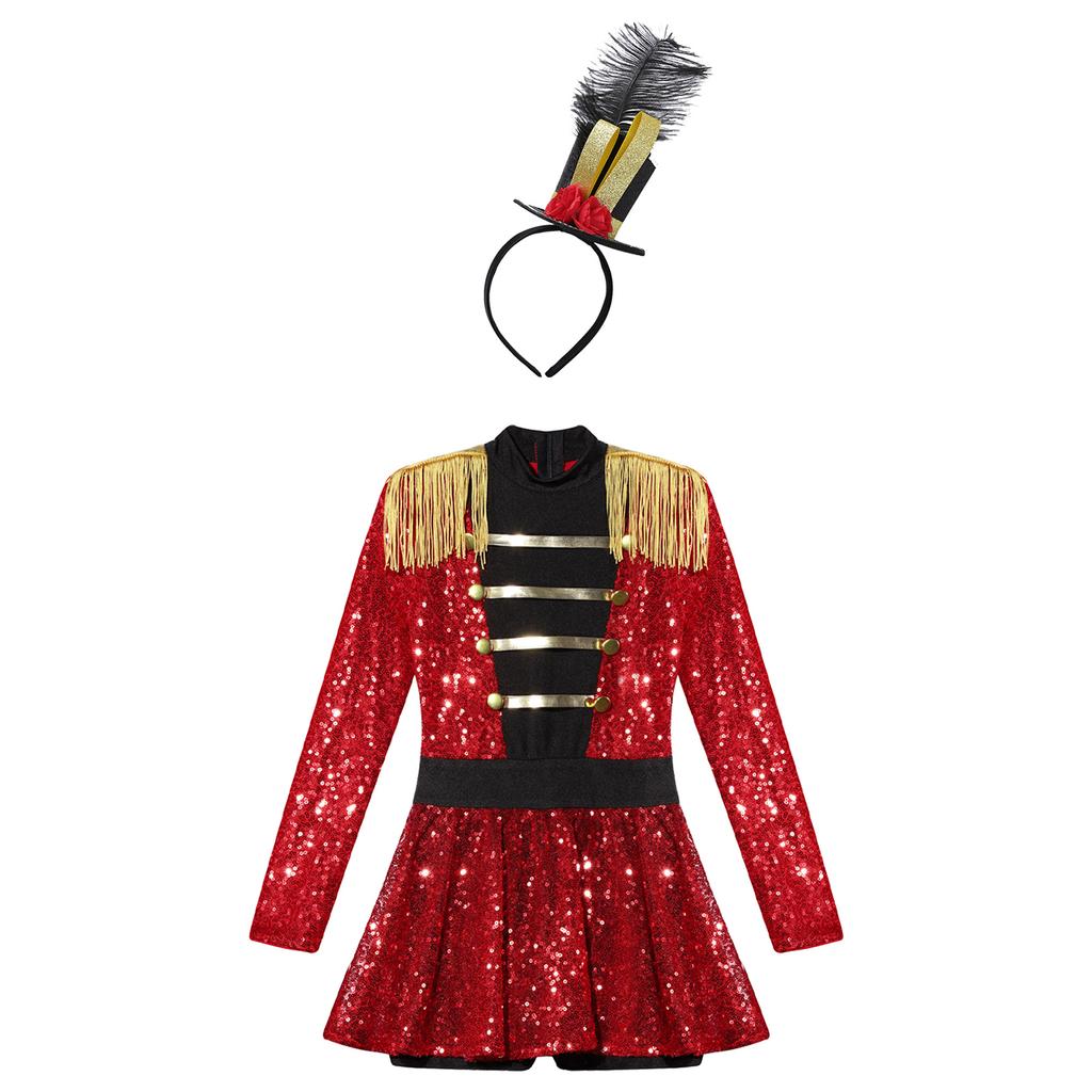 Kids Ringmaster Halloween Costume Set: Sparkling Sequin Bodysuit, Mini Top Hat & Feather Headband for Easy Dress Up & Role Play