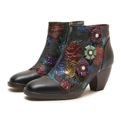 Retro-Blumen-High-Heel-Stiefel, Damenschuhe, echtes Leder, Handdruck, modische kurze Stiefel