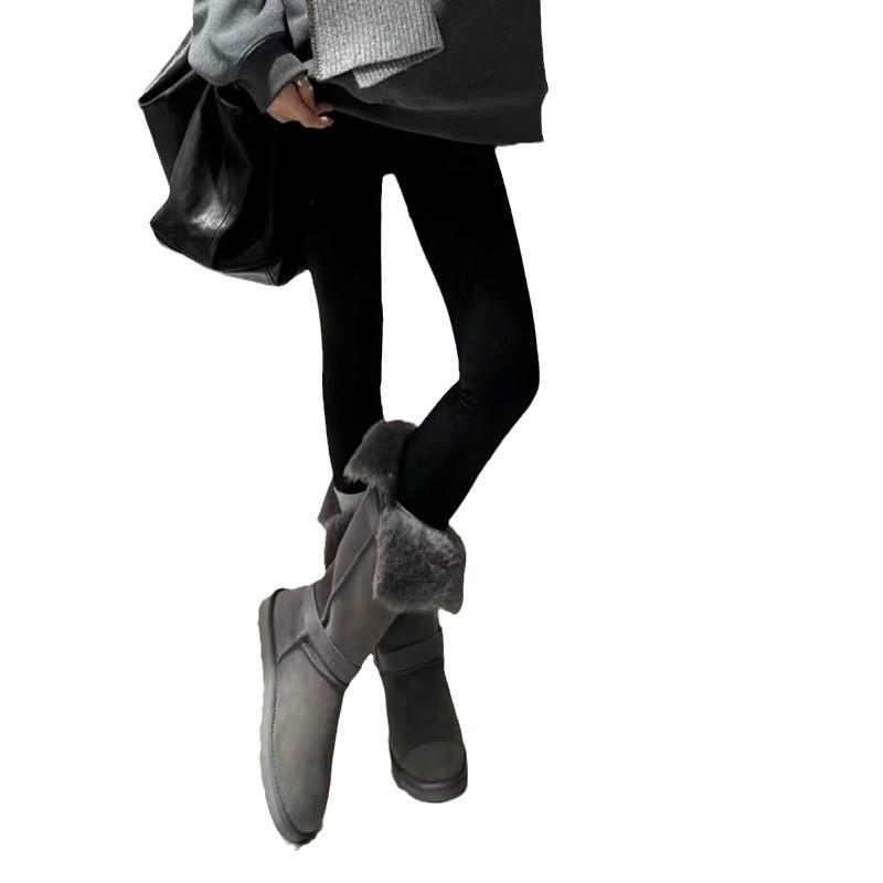 Graue Schneestiefel Damen 2025 neu retro runde Zehenpartie Schneestiefel flacher Boden Samt mittelhoher Schaft Schneeplüsch Baumwollschuhe Damen