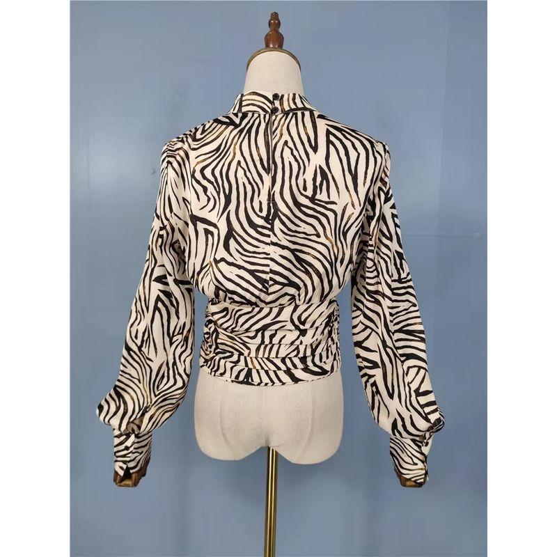 Foreign Trade Order RZ Temperament Fashion Summer New Smooth Satin Stand Collar Design Zebra Leopard Print Lantern Sleeve Shirts