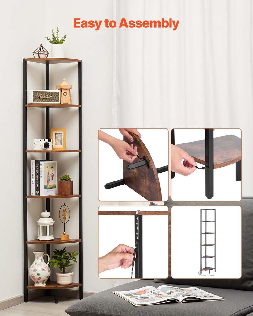 6 Tier Corner Shelf, Tall Corner Stand with LED Light, Wall Shelves Tower Storage Organizer with Metal Frame & Wooden Shelves, Narrow Display Book