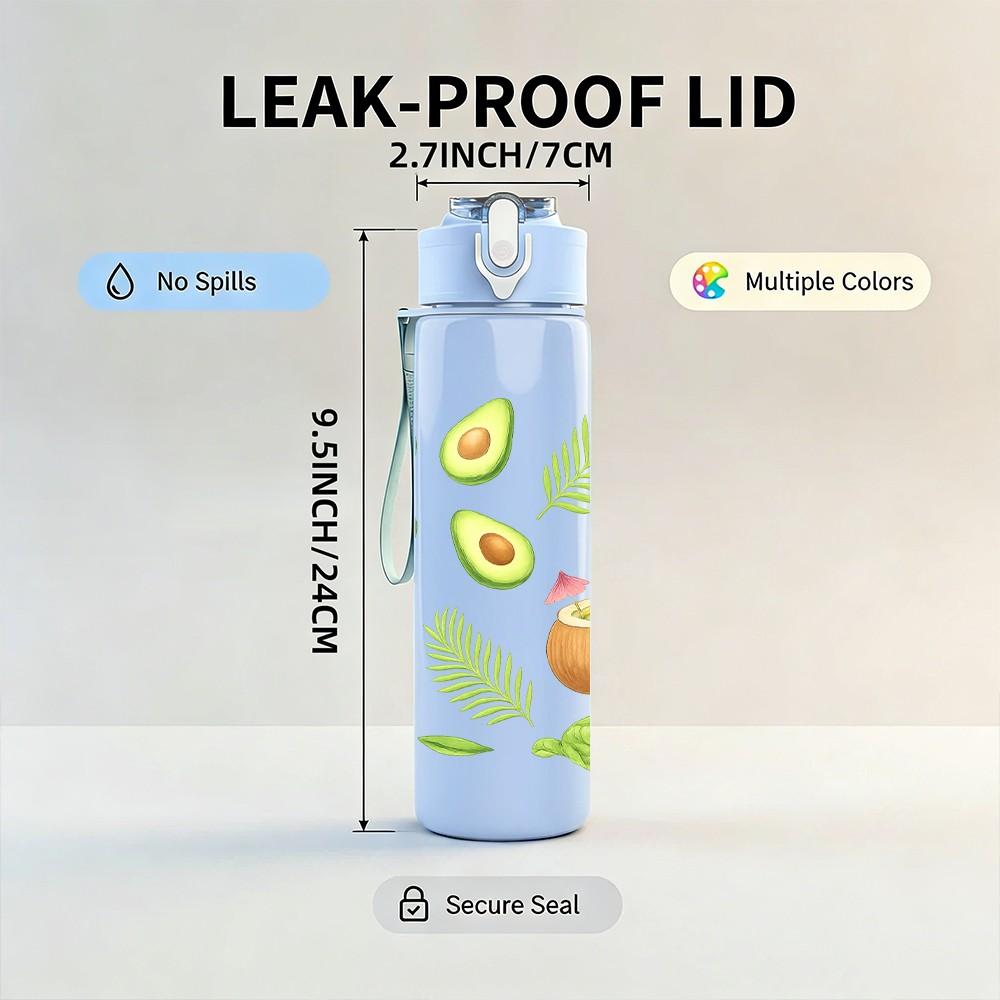 1PC Avocado Fruit Tropical Pattern Print 750ml Color Plastic Sports Water Bottle Leakproof Flip Straw Lid Suitable for Sports Office Home Use
