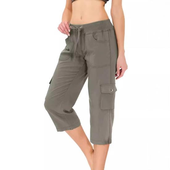 

Cropped Pants Adjustable Waist Breathable Stretchy Fabric Women Summer Pants with Pockets Outdoor Travel Mid-calf Length Pants XXL серый
