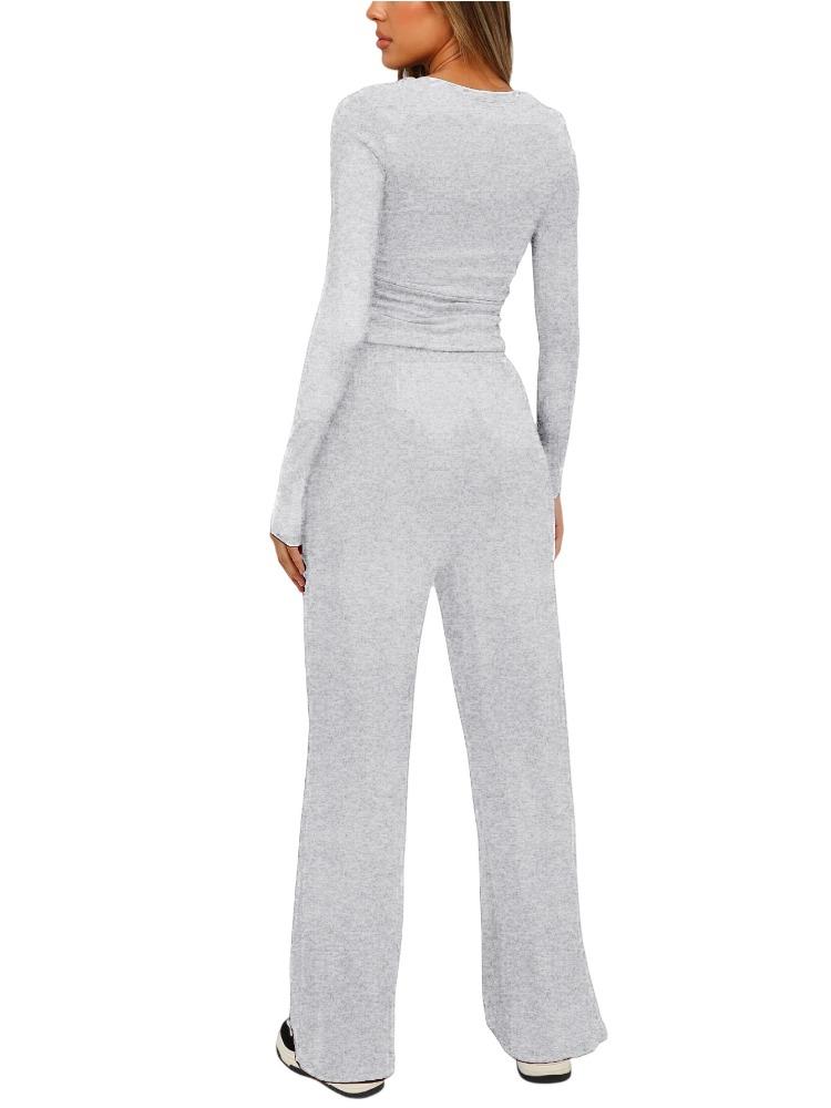 Solid Color Casual Long Sleeve Set Top High Waisted Wide Leg Pants Sportswear