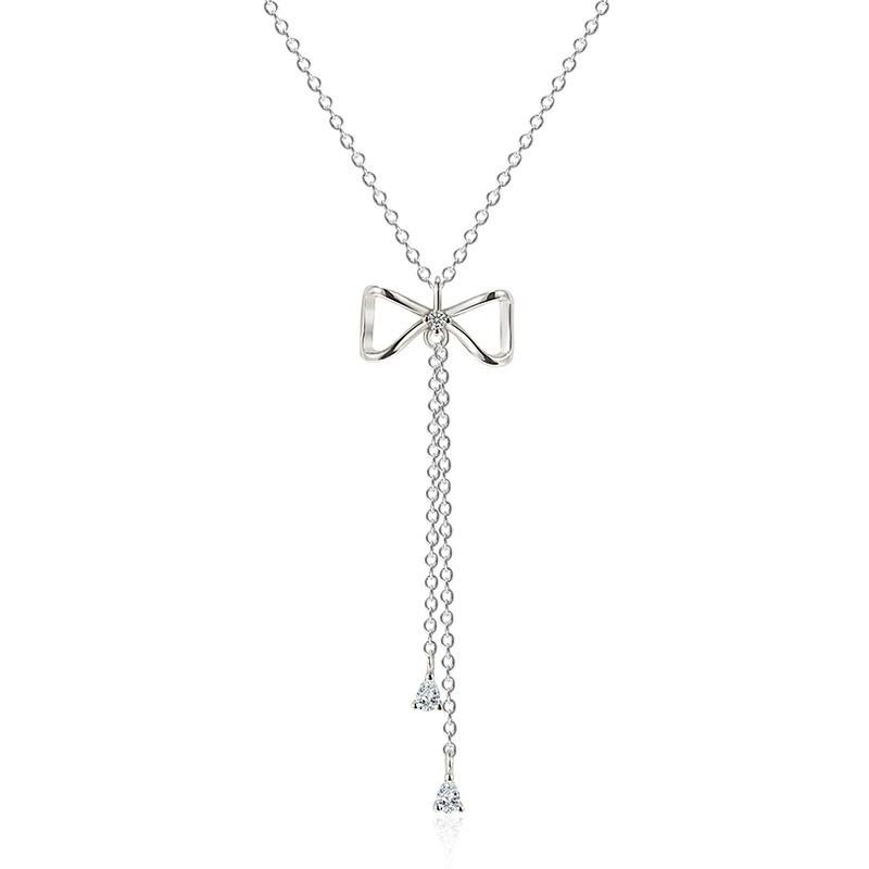 Fashion Jewelry 18K Gold Plated 925 Sterling Silver Bowknot Tassel Zircon Pendant Clavicle Chain Necklace Jewelry for Women