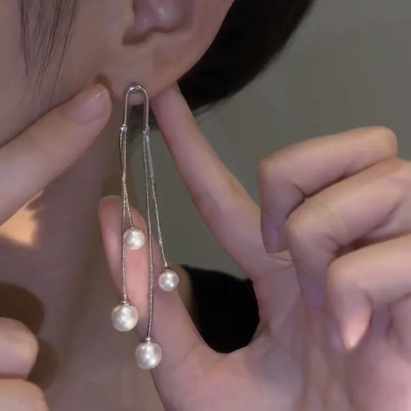 Simple Long Silver Color Tassel Pearl Earrings for Women Fashionable Personalized Daily Accessories Party  Birthday Gifts