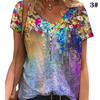New Women Fashion V Neck Slim Fit Short Sleeve Pullover 3D Flowers Print Plus Size Casual T Shirt Tops S-5XL