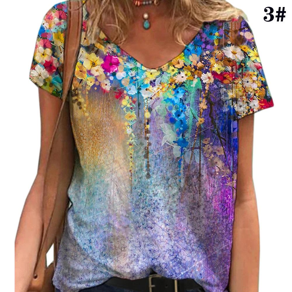 New Women Fashion V Neck Slim Fit Short Sleeve Pullover 3D Flowers Print Plus Size Casual T Shirt Tops S-5XL