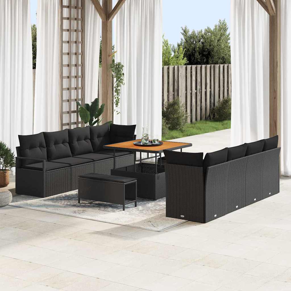 11 Piece Garden Sofa Set with Cushions Black Poly Rattan