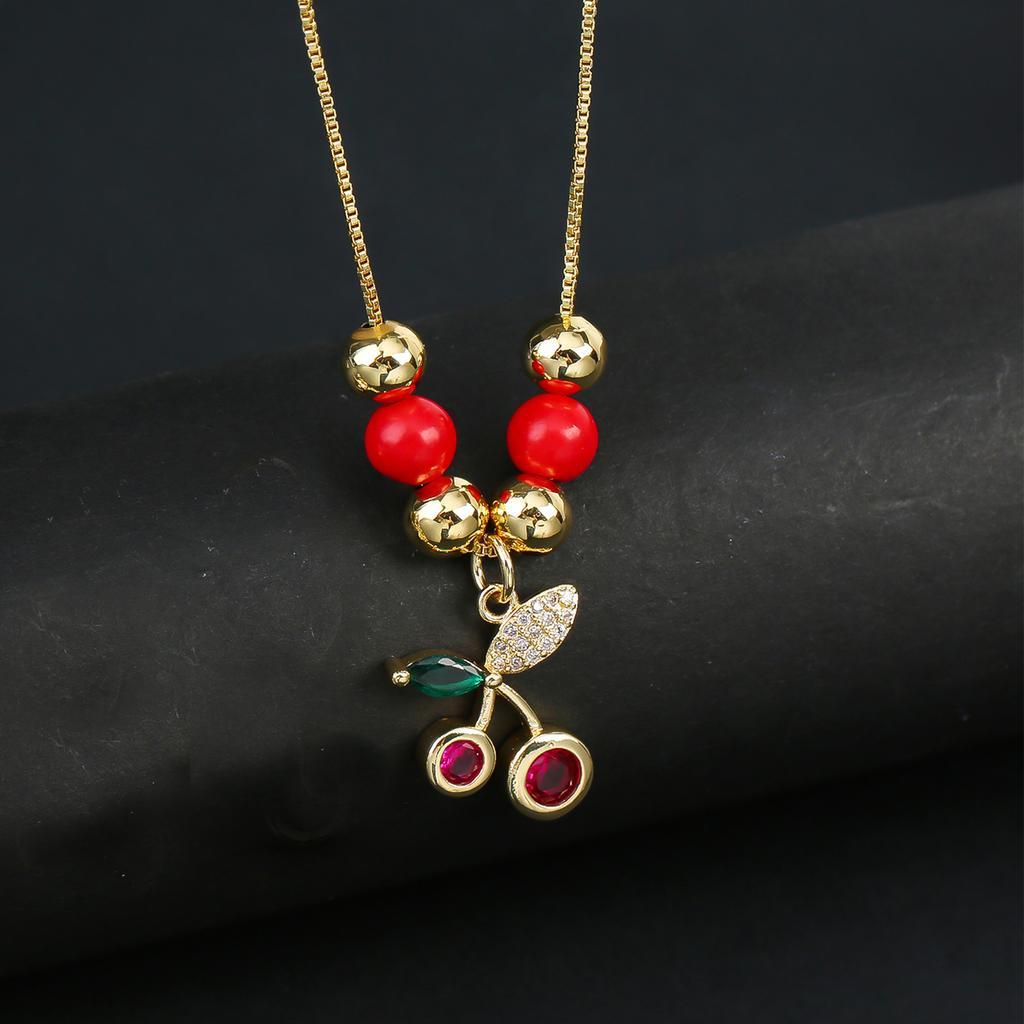 Hot Sale Crystal Red Cherry Pendant Necklace For Woman Gold Plated Fruit Collarbone Chain Fashion Daily Party Jewelry Gift