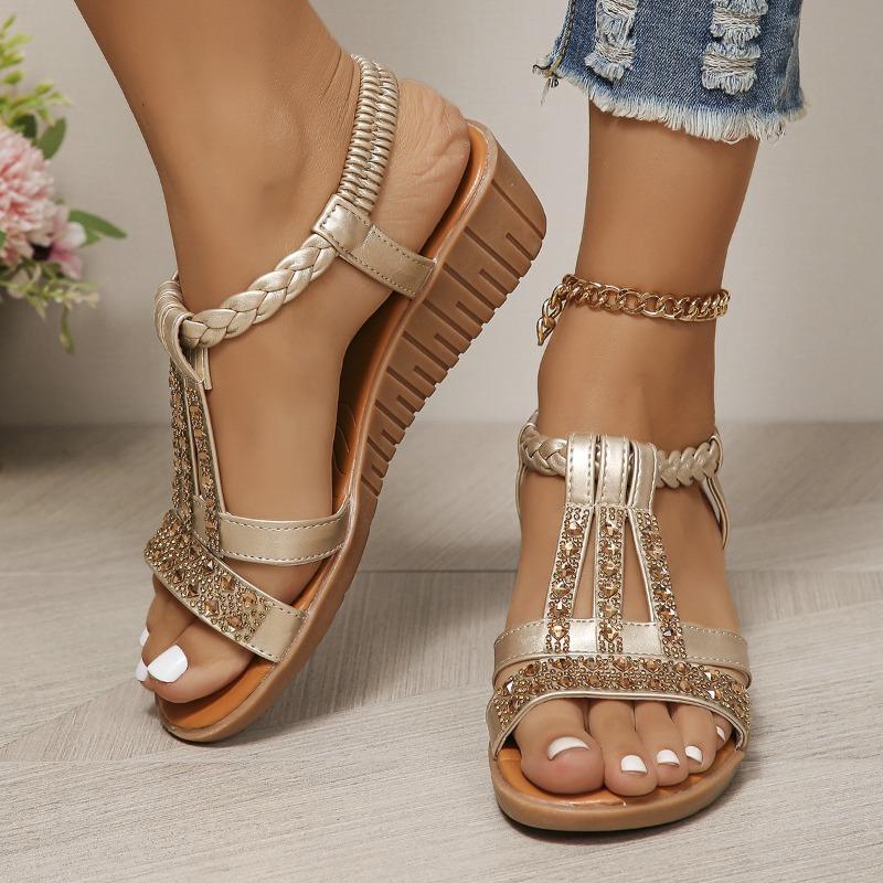 Women's Plus Size Peep Toe Wedge Sandals, Bohemian Elastic Strap Rhinestone Casual Daily Footwear