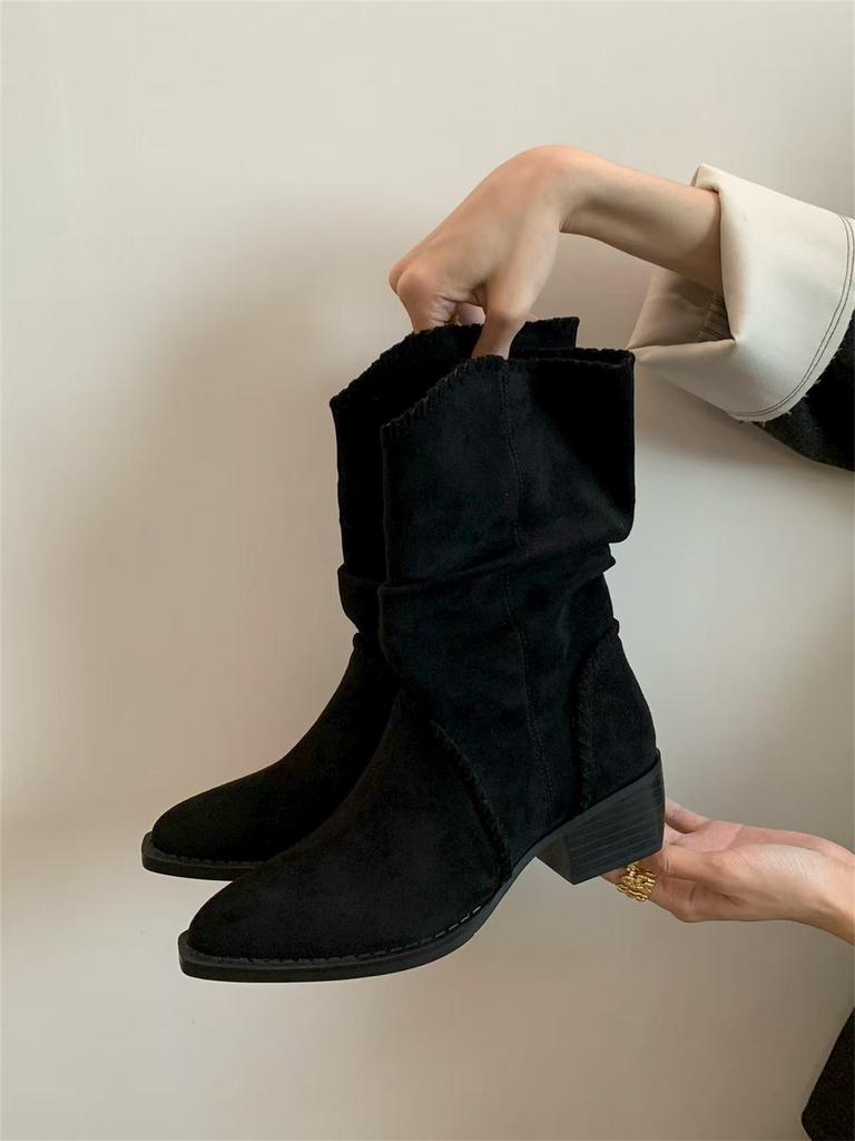 Western style sleeve cowboy boots women's 2025 new medium tube v-mouth matte short boots thick heel British style retro boots