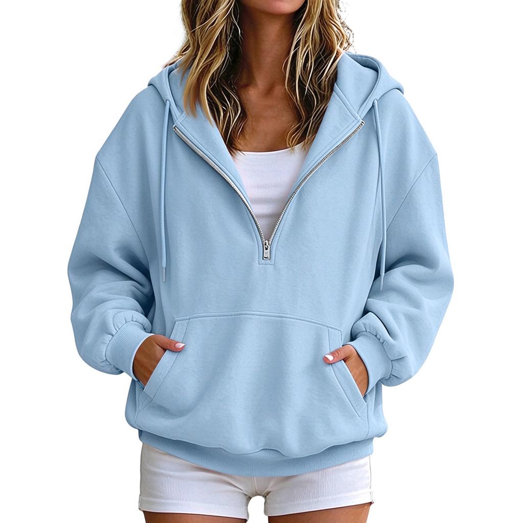Women's Hooded Half-Zip Pullover with Pockets Casual Comfortable Long Sleeve Top for Everyday Wear
