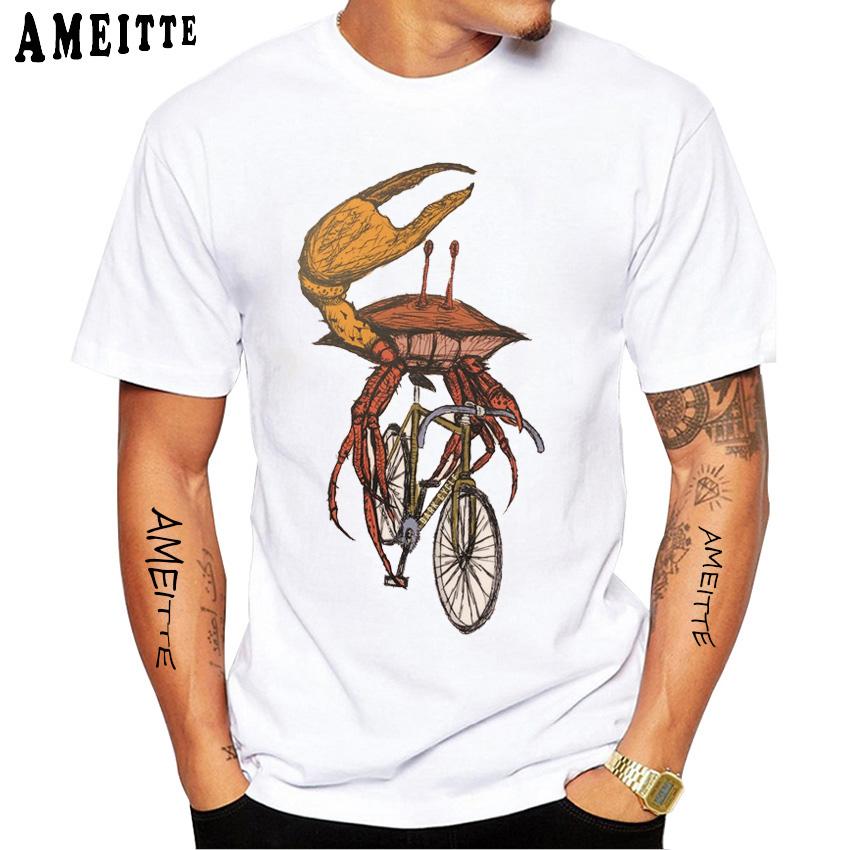 Vintage Shark Riding A Bicycle Vinyl T Shirt Summer Pattern Funny Tops Men S Short