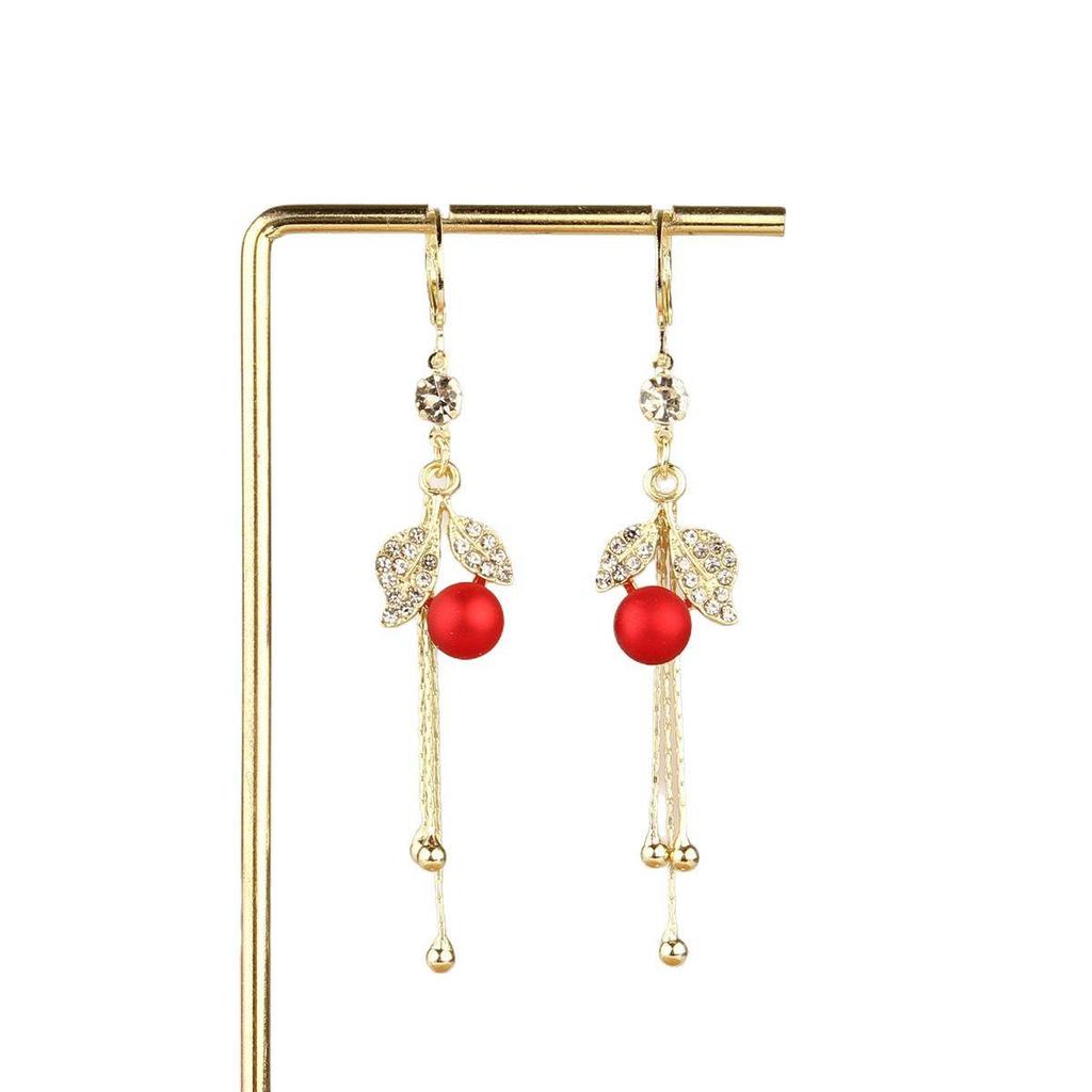 Exquisite 2025 French Fashion Red Tassel Earrings with Rhinestone-Leaf and Frosted Pearl Design for Women
