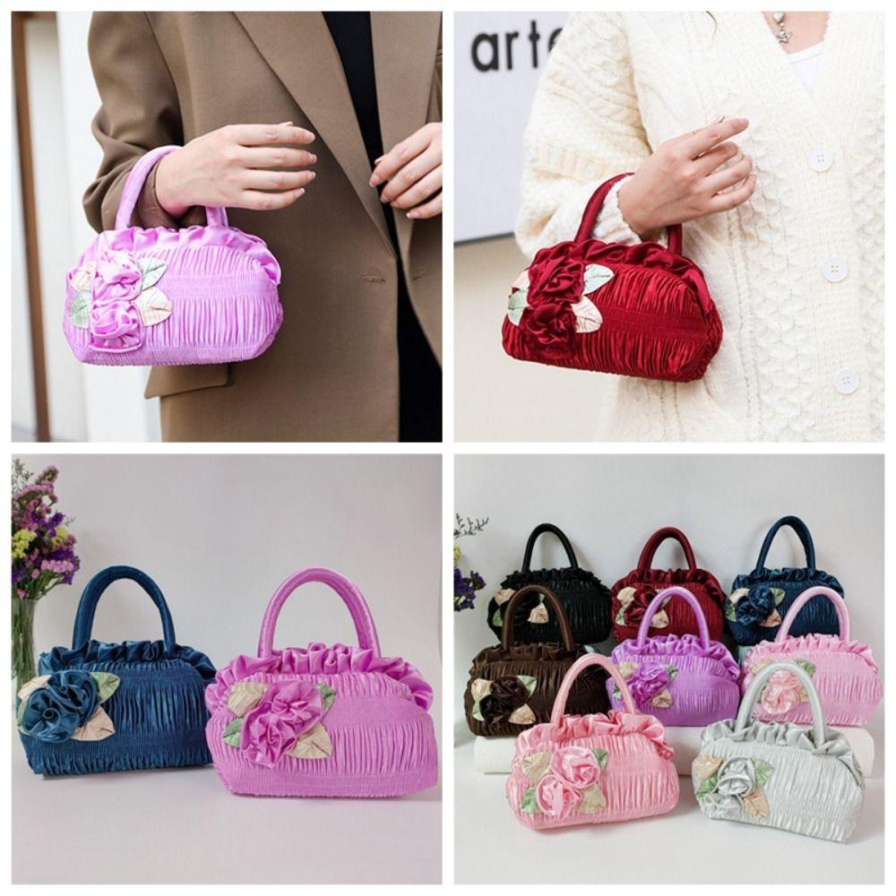 Satin Silk Zipper Flower Tote Bag Leaf Ethnic Style Wrist Bag Hanfu Rose Flower Handbag Daily