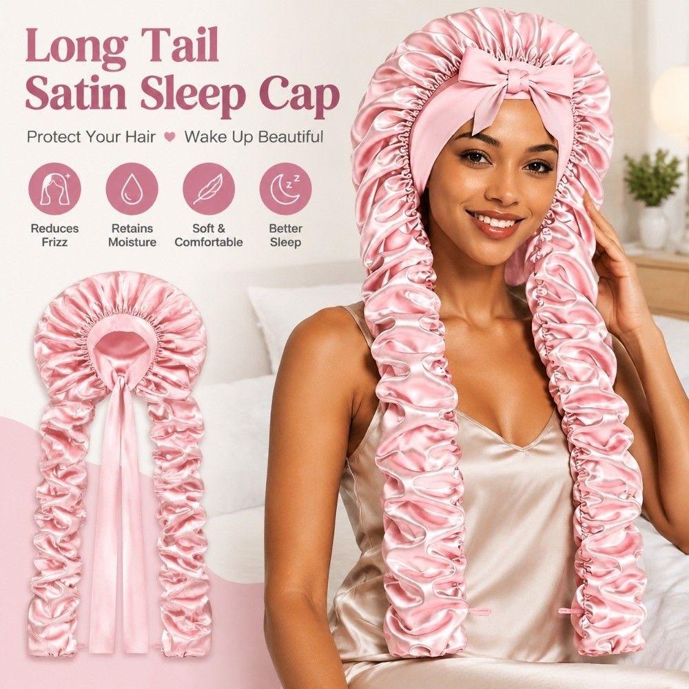 Lightweight Satin Sleep Cap Adjustable Ribbon Tie Ruched Long Tube Hair Cap Hair Protection