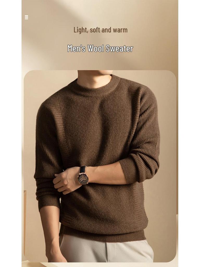 Herrenpullover aus 100 % reiner Wolle, dick gestrickt, Rundhalsausschnitt – warm, weich, bequeme Winter-Basisschicht (2025)