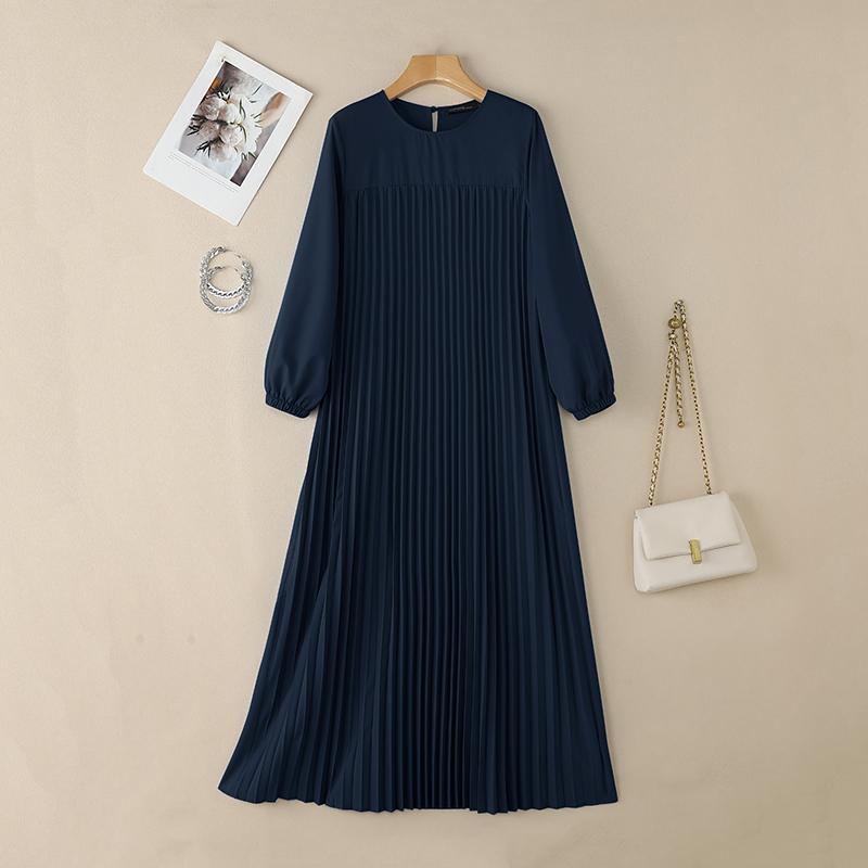 ZANZEA Women Round Neck Long Sleeve Casual Pleated Long Dress