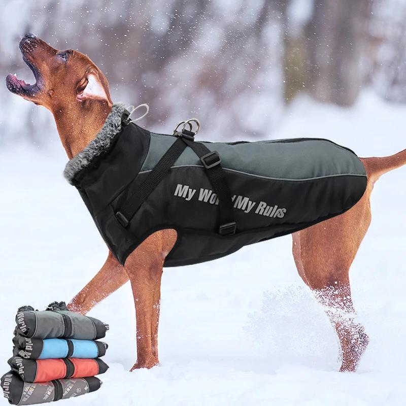 Roupas grandes à prova d'água para cães, casaco de inverno com arnês, gola peluda, quente, roupas para animais de estimação, jaqueta grande, labrador, buldogue