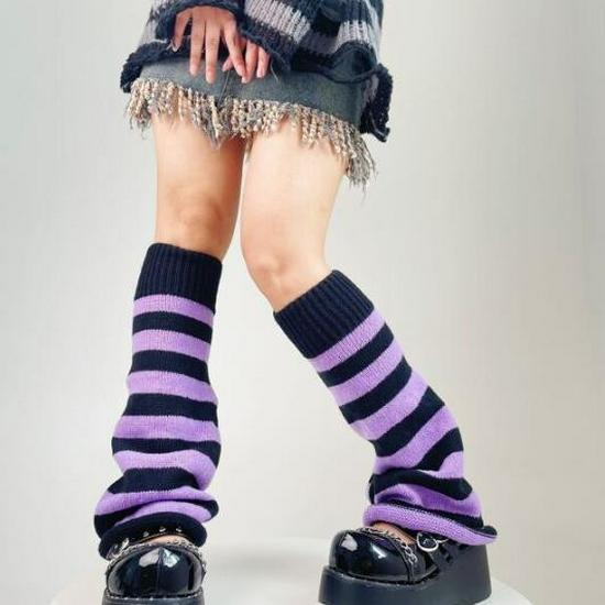 Gray-Powder Striped Wide-Leg Flared Socks - Knitted Autumn/Winter Calf Socks for Hot Girl Subculture