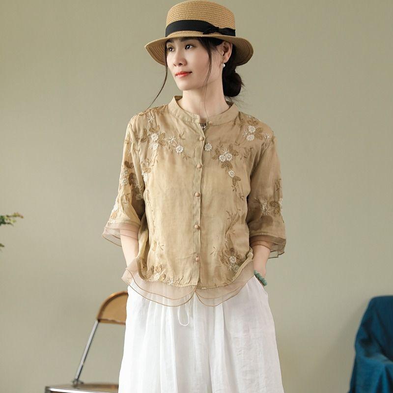 Summer literary and retro embroidered cotton and linen top seven-quarter sleeve ethnic style splicing shirt women's temperament