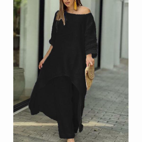 Summer Women Fashion Casual Cotton Linen Suit Irregular Long Sleeve Wide Leg Pants Two-piece Suit Plus Size