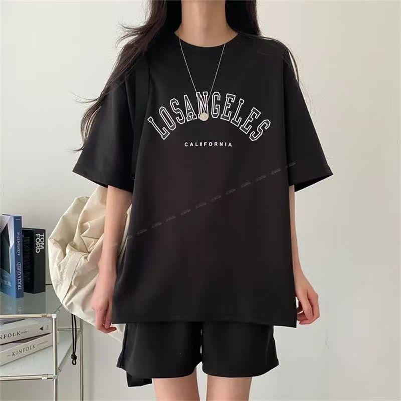 Korean Style Women's Summer Casual Two-Piece Set: Round Neck Short Sleeve Top & Loose Shorts