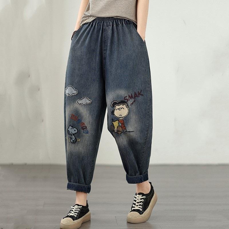 Mărime mare Broderie vintage Talie înaltă Casual Largi Femei Primăvară vară toamnă Blugi Denim Pantaloni Harem