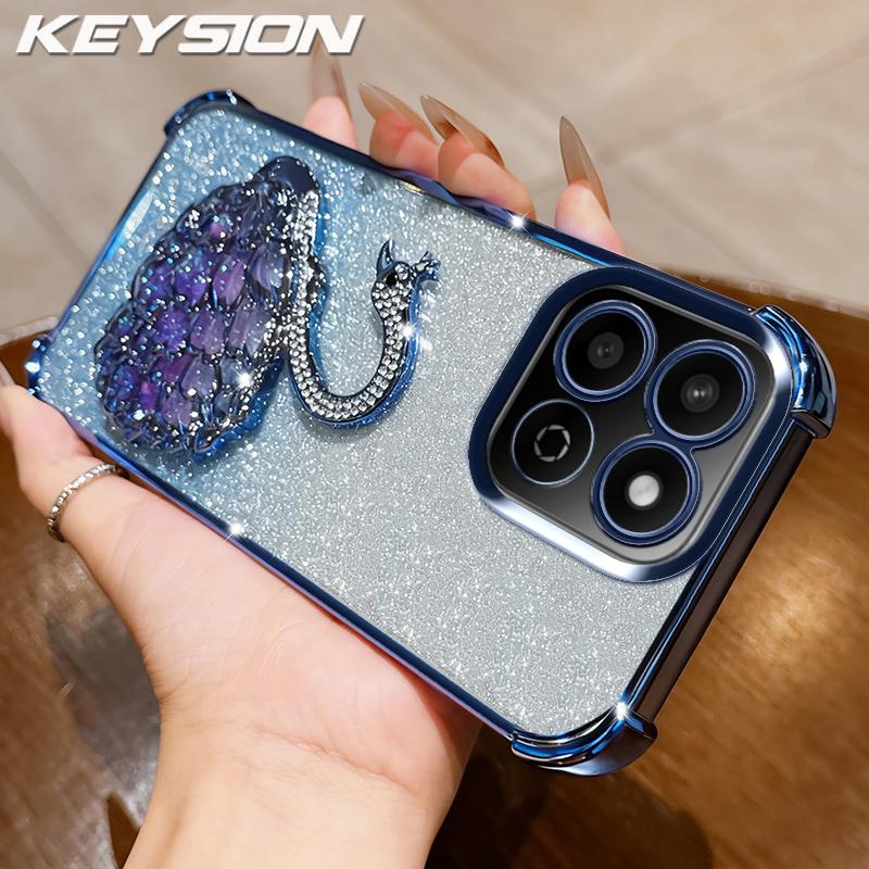 KEYSION Shockproof Plating TPU Phone Case for HONOR X7c Glitter Jewelled Swan kickstand Back Cover for Honor 200 Smart 5G