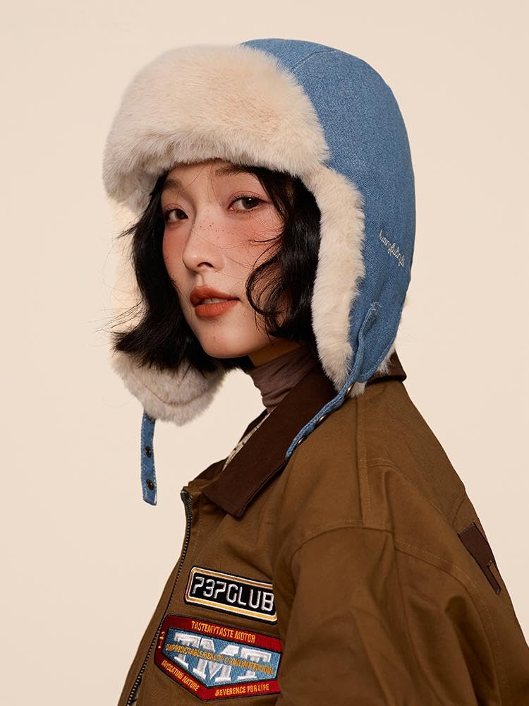 Clakllie Flight Pilot Cold Weather Hat with Ear Perfect for Outdoor Fall and and Hiking Cap, Cap, Denim, Flaps, Embroidered, Warm, Fluffy, Activities,