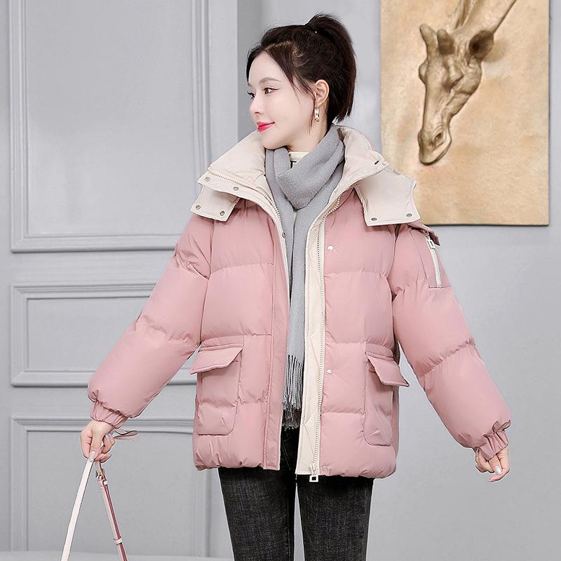 

Короткая хлопковая куртка женская 2025 зима новая корейская свободная пуховая хлопковая куртка в стиле преппи утолщенная куртка-пуховик тренд XXL розовый