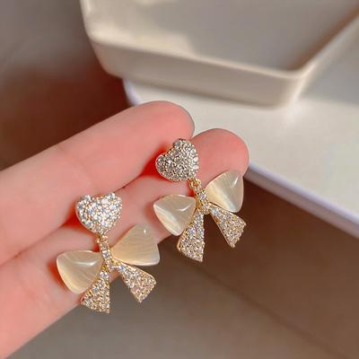 Neue Koreanische Mode Strass Bogen Liebe Pfirsich Ohrringe für Frauen Persönlichkeit Opal Ohrring Hochzeit Schmuck Geburtstag Geschenk