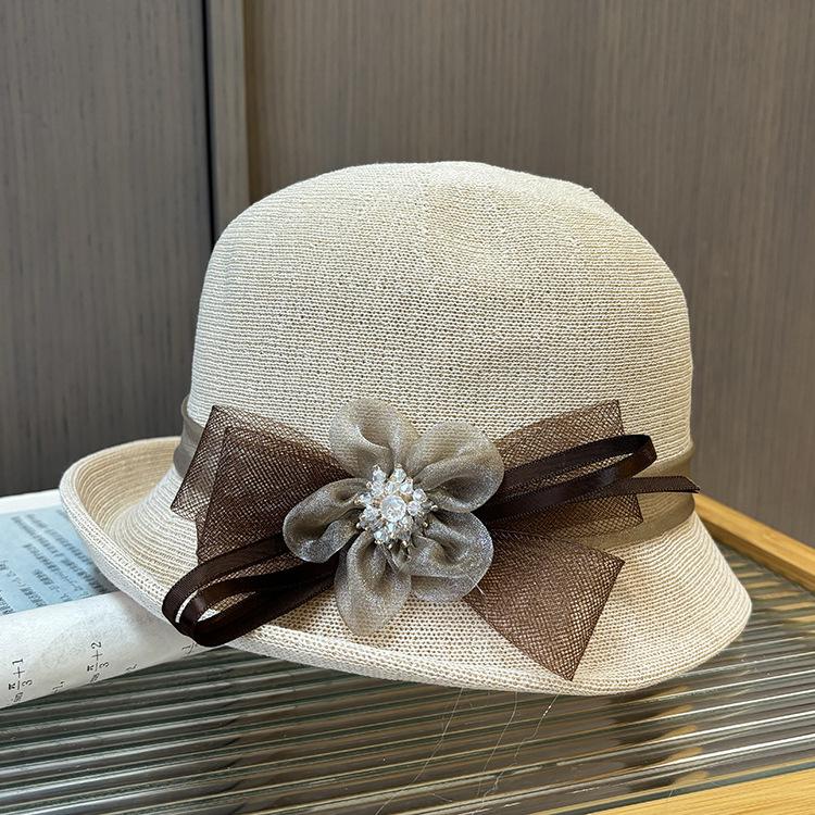 New hat women's spring and summer thin knitted sun hat middle-aged and elderly elegant crimped basin hat sunscreen mesh flower bucket hat