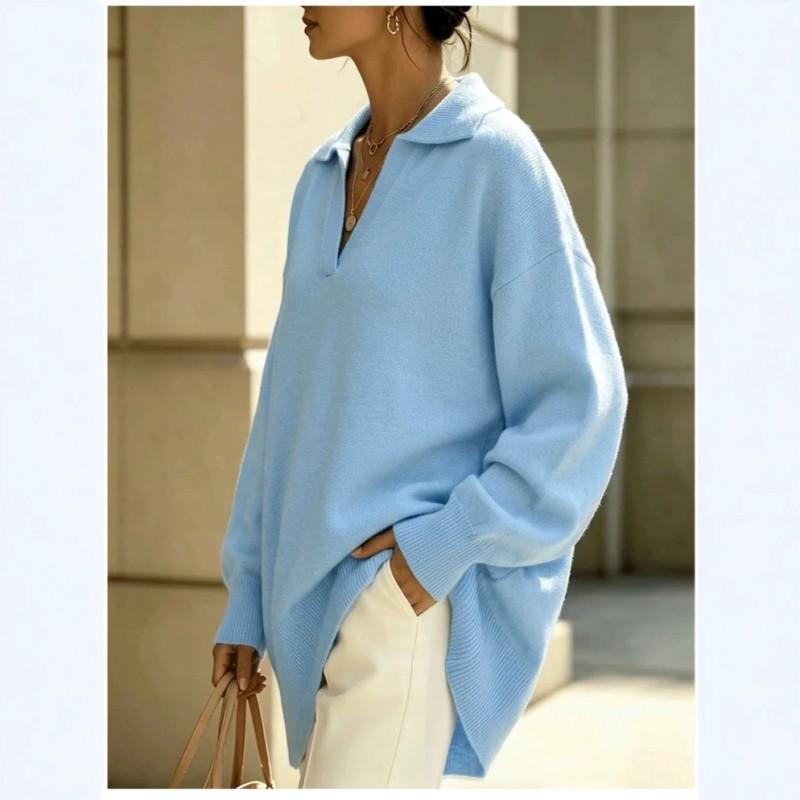 Womens V-Neck Knit Sweater Loose Fit Drop Shoulder Long Sleeve Pullover Top Blue Solid Casual Streetwear
