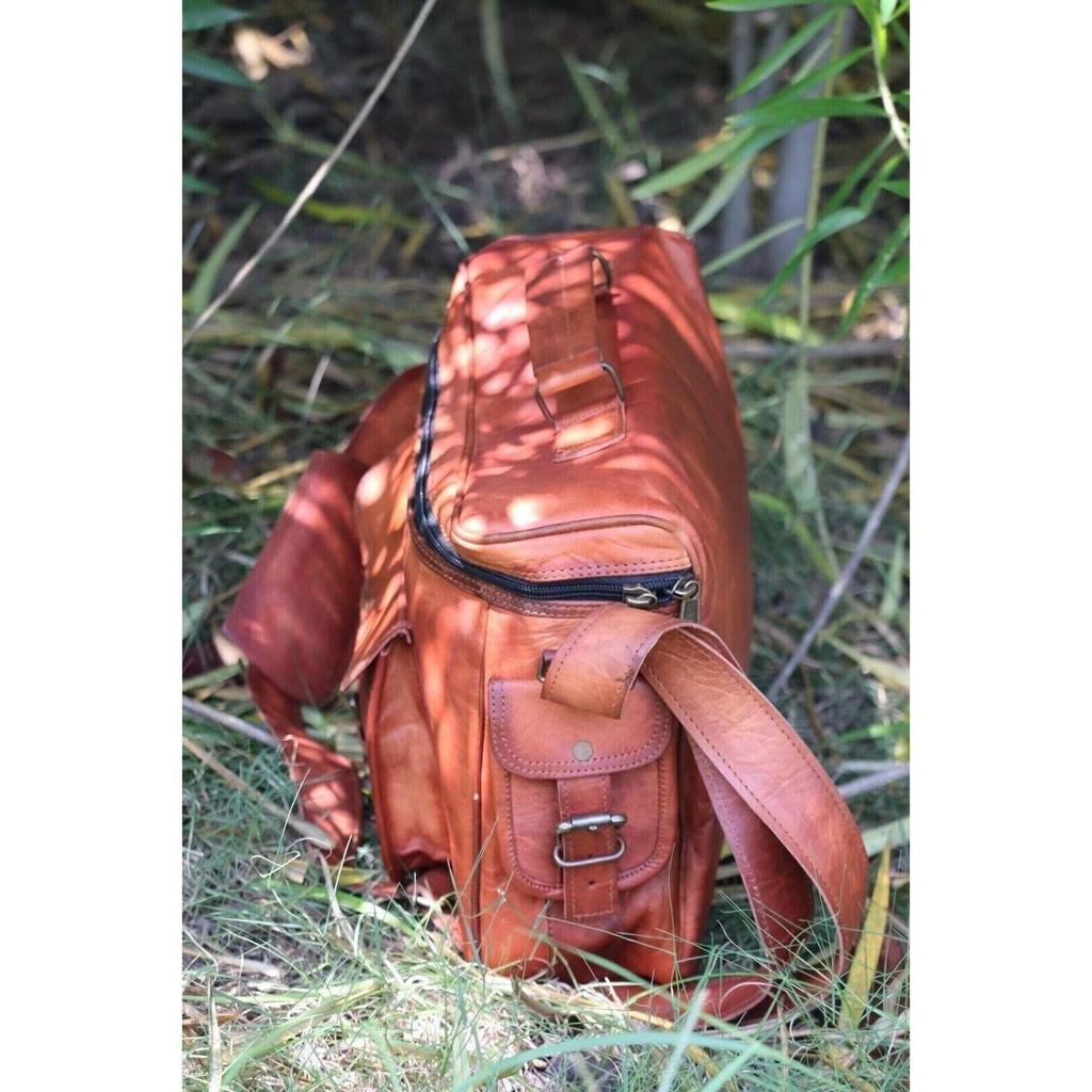 Camera Bag Unisex Genuine Leather Vintage Brown Cross Body For Photographers