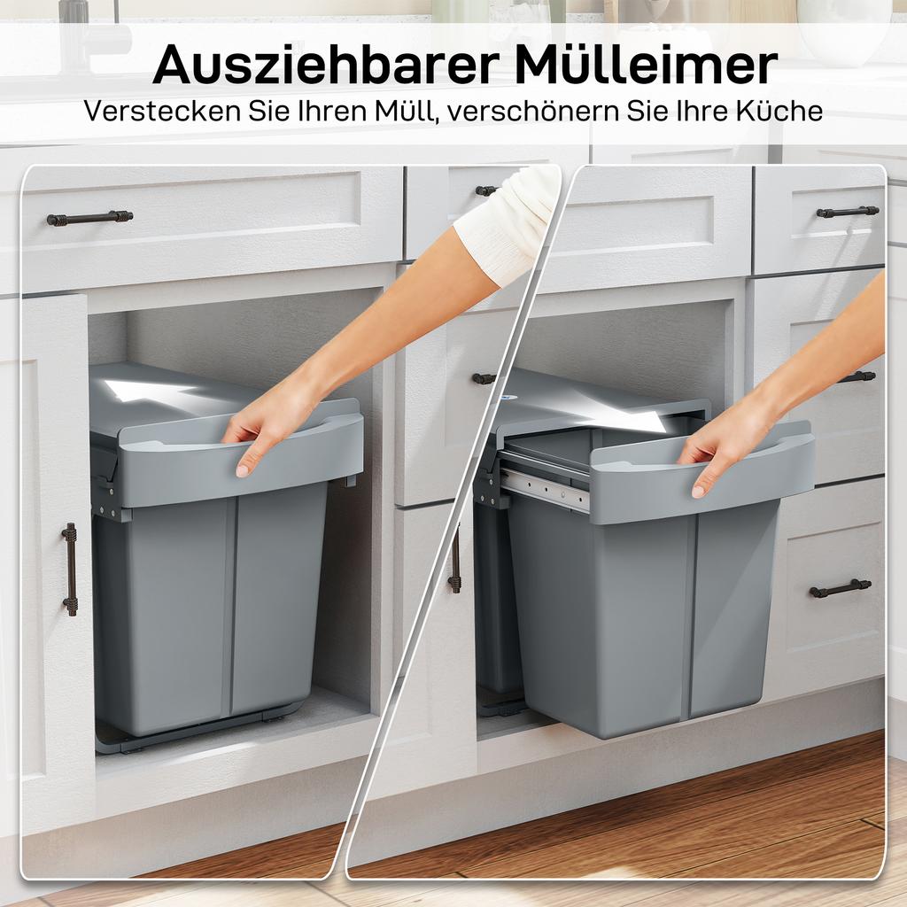 Pull Out Bin, Kitchen Under Sink Bin with 2 Removable Compartments, Smooth Glide, Grey